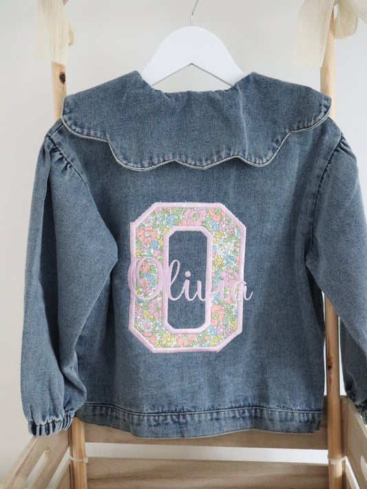 Kids scallop collared denim jacket personalised with liberty of london fabric with the childs initial and name 