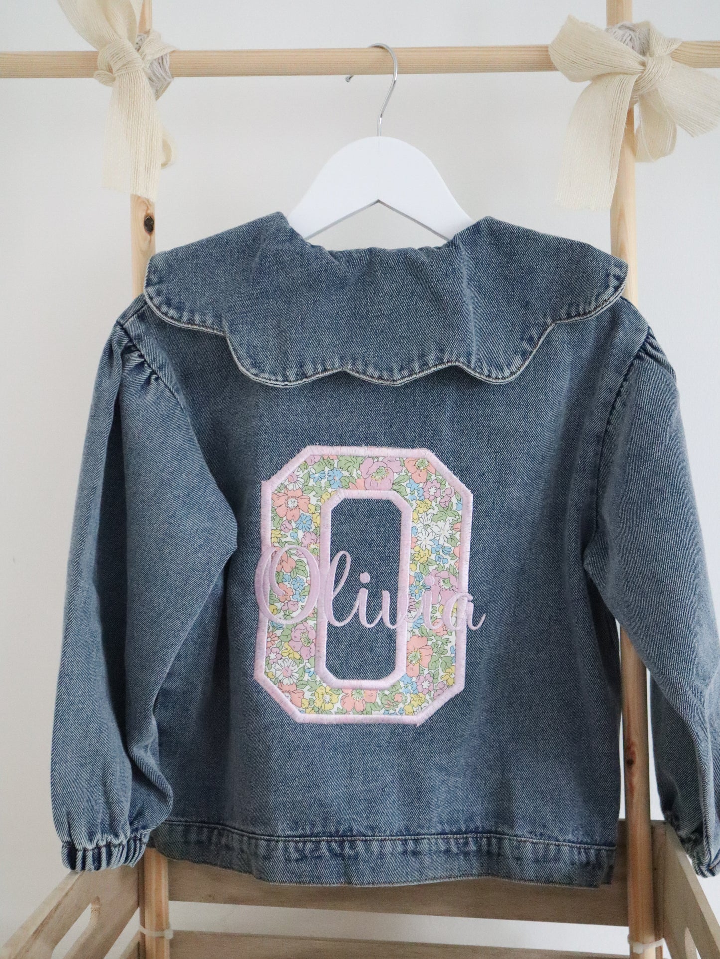Kids scallop collared denim jacket personalised with liberty of london fabric with the childs initial and name 
