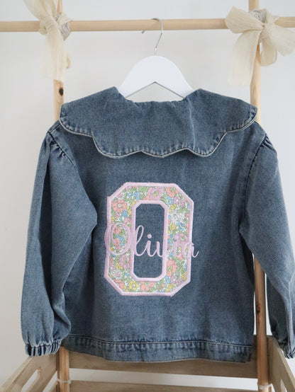 Kids scallop collared denim jacket personalised with liberty of london fabric with the childs initial and name 