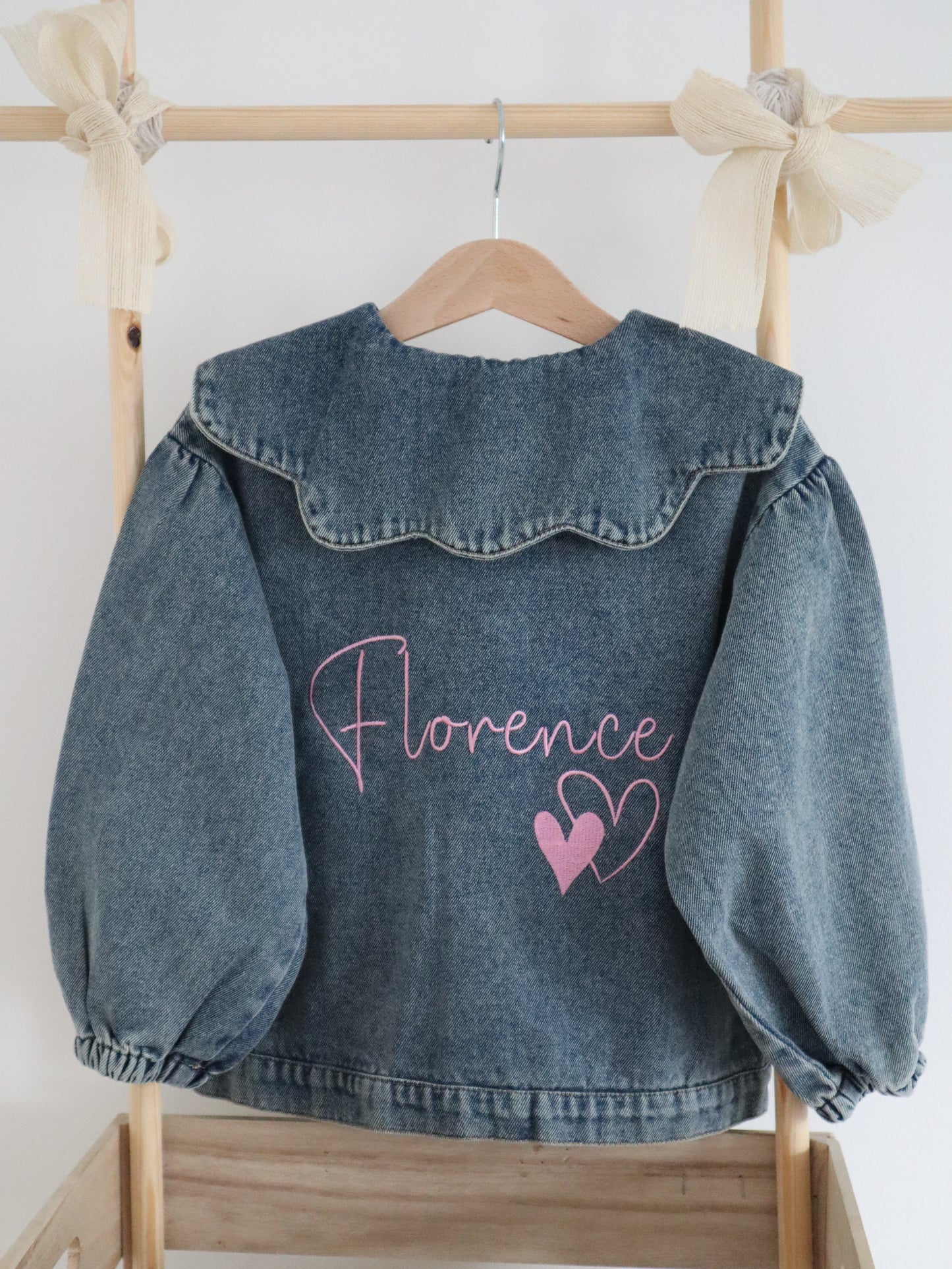 Scallop collared kids denim jacket personalised with childs name in embroidery