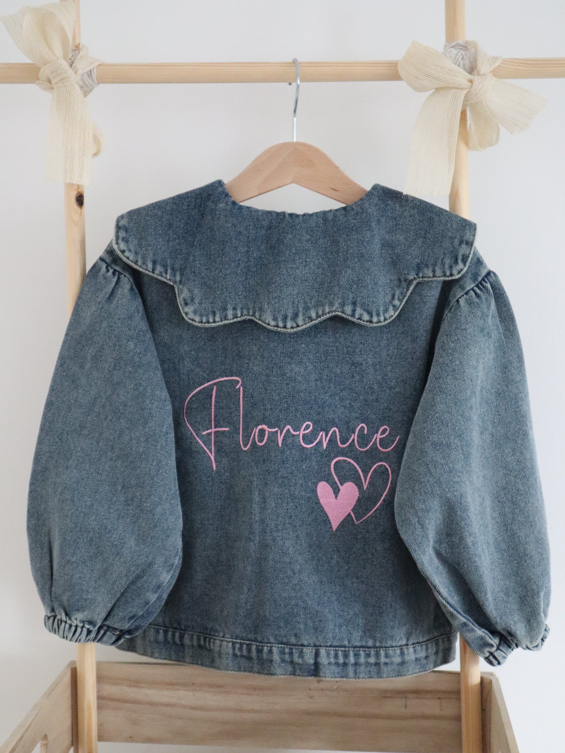 Scallop collared kids denim jacket personalised with childs name in embroidery