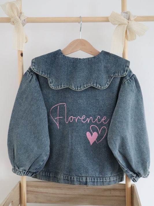 Scallop collared kids denim jacket personalised with childs name in embroidery
