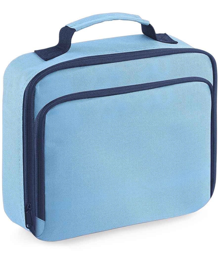 Light blue lunch bag with navy accents on a white background