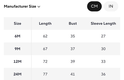 Table showing size chart for children's clothing with measurements in centimeters.