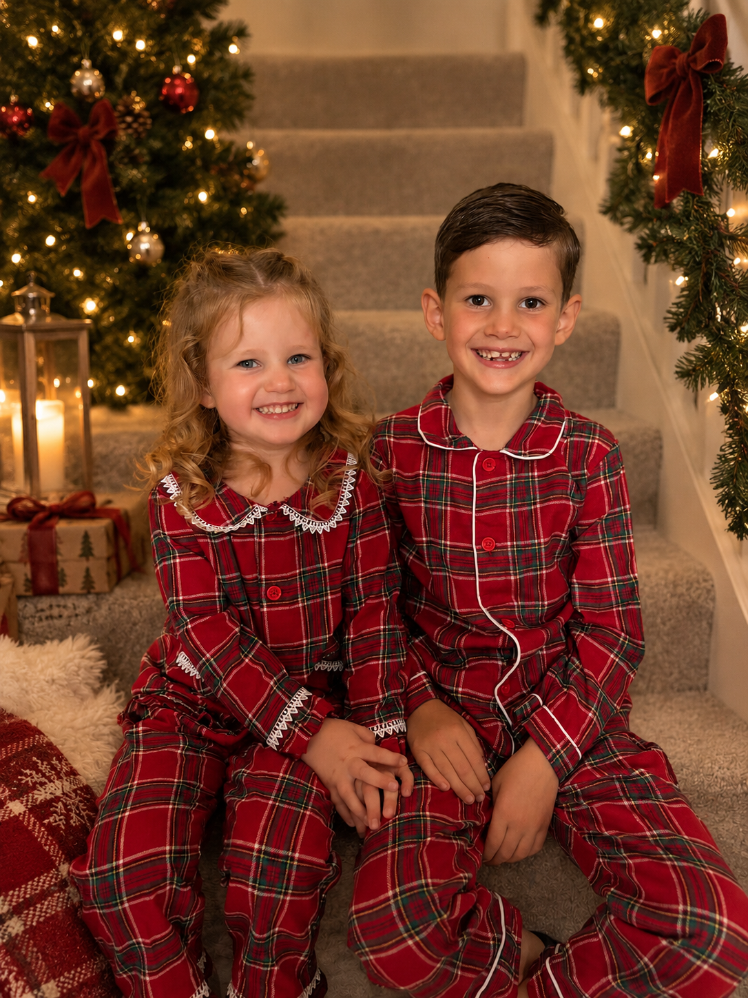 Two kids in tartan style button down pjs personalised with their name 