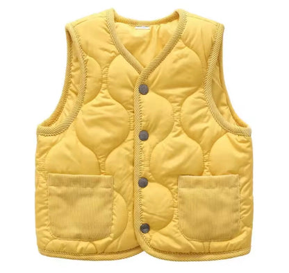 Yellow quilted vest with button details on a white background