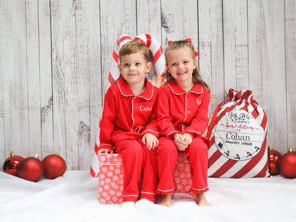 Red and white button down kids personalised embroidered pjs 
