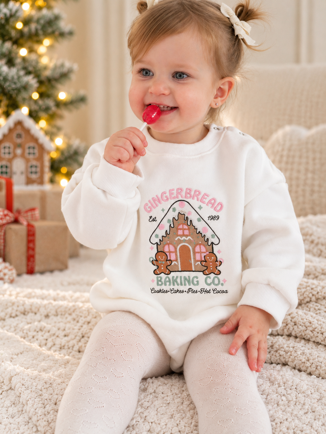 a girl wearing a white fleece romper with a cute gingerbread design embroidered on