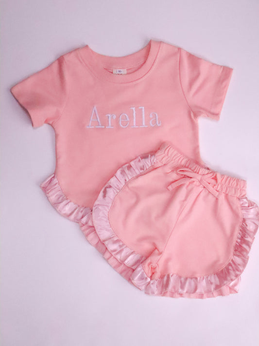 Satin and cotton frill short sets for girl with personalised embroidery in pink